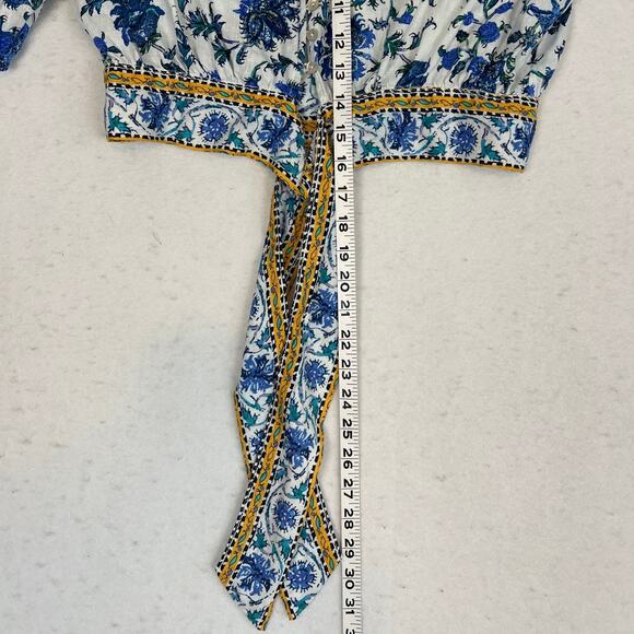 Artelier Nicole Miller Linen Blend Floral Cropped Blouse Tie Front Size S Resort - Picture 5 of 8